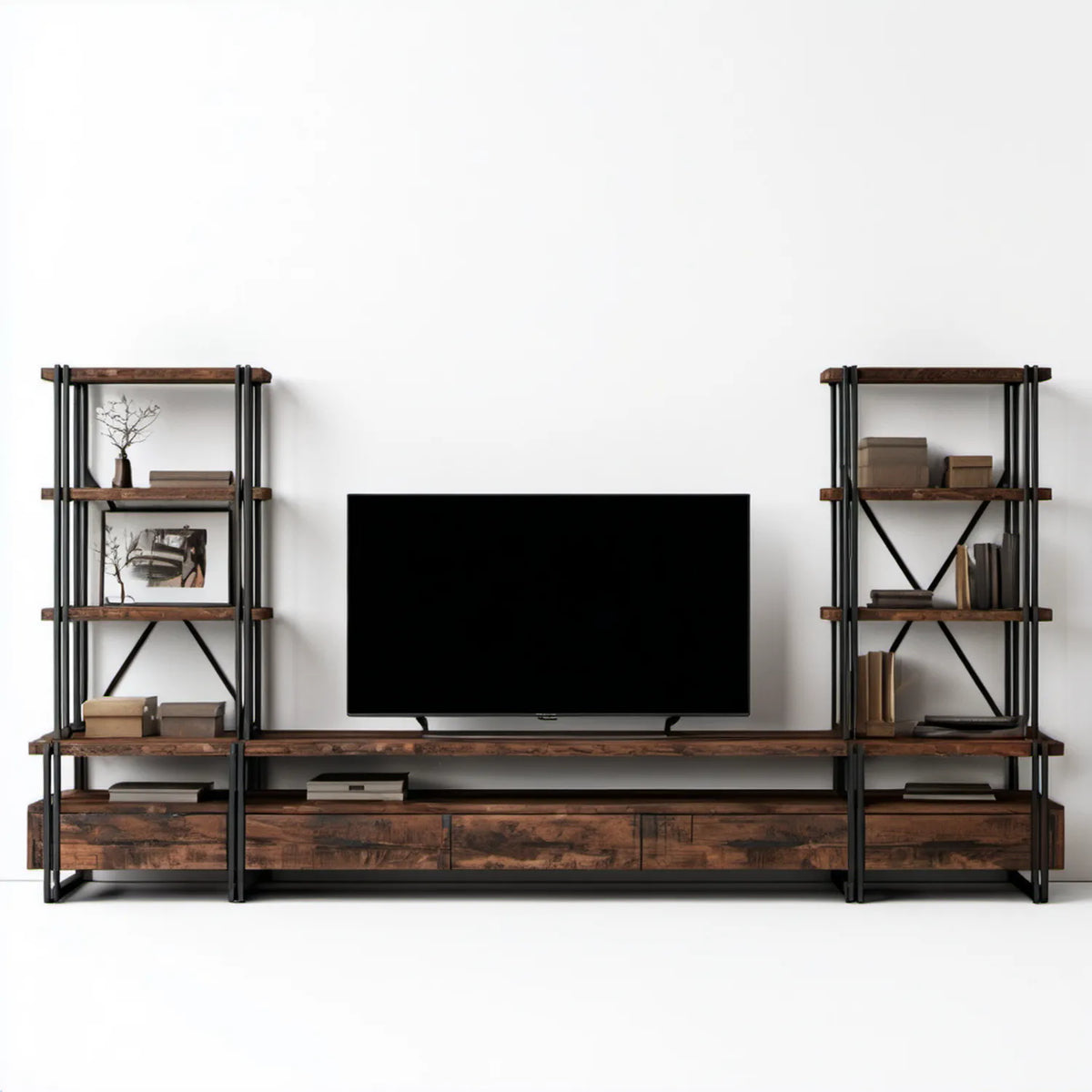 Zestaw mebli RTV z regałami 240 x 40 x 180 cm brązowo-czarny, płyta laminowana i stal