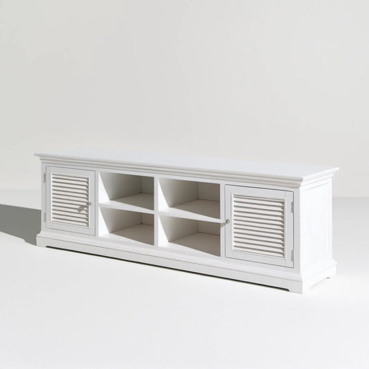 Biała szafka RTV 140 x 40 x 50 cm z MDF, 2 drzwiami i 4 otwartymi wnękami