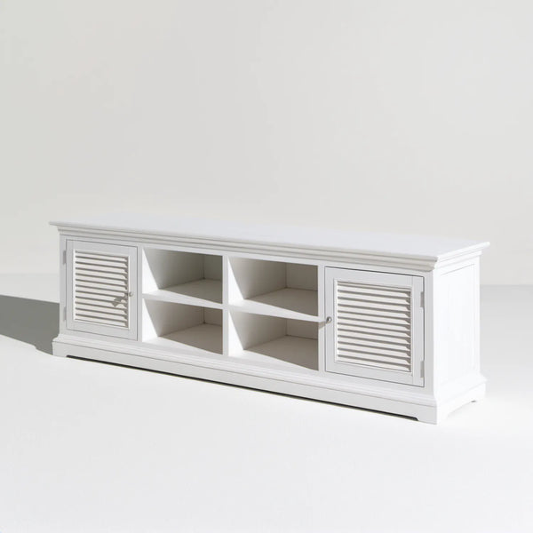 Biała szafka RTV 140 x 40 x 50 cm z MDF, 2 drzwiami i 4 otwartymi wnękami