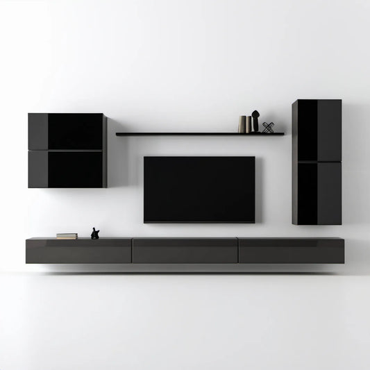 Wisząca zabudowa ścienna do salonu, czarno-antracytowa, 3 moduły 60 × 35 × 40 cm, 2 moduły 40 × 80 × 30 cm, półka 100 × 20 × 2 cm