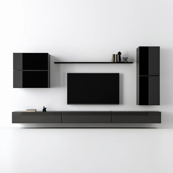 Wisząca zabudowa ścienna do salonu, czarno-antracytowa, 3 moduły 60 × 35 × 40 cm, 2 moduły 40 × 80 × 30 cm, półka 100 × 20 × 2 cm