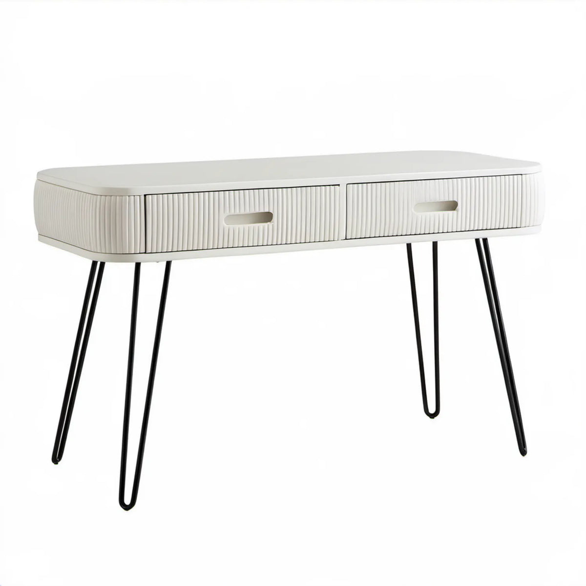 Biała konsola z 2 szufladami, 100 x 40 x 75 cm, MDF, czarne stalowe nogi