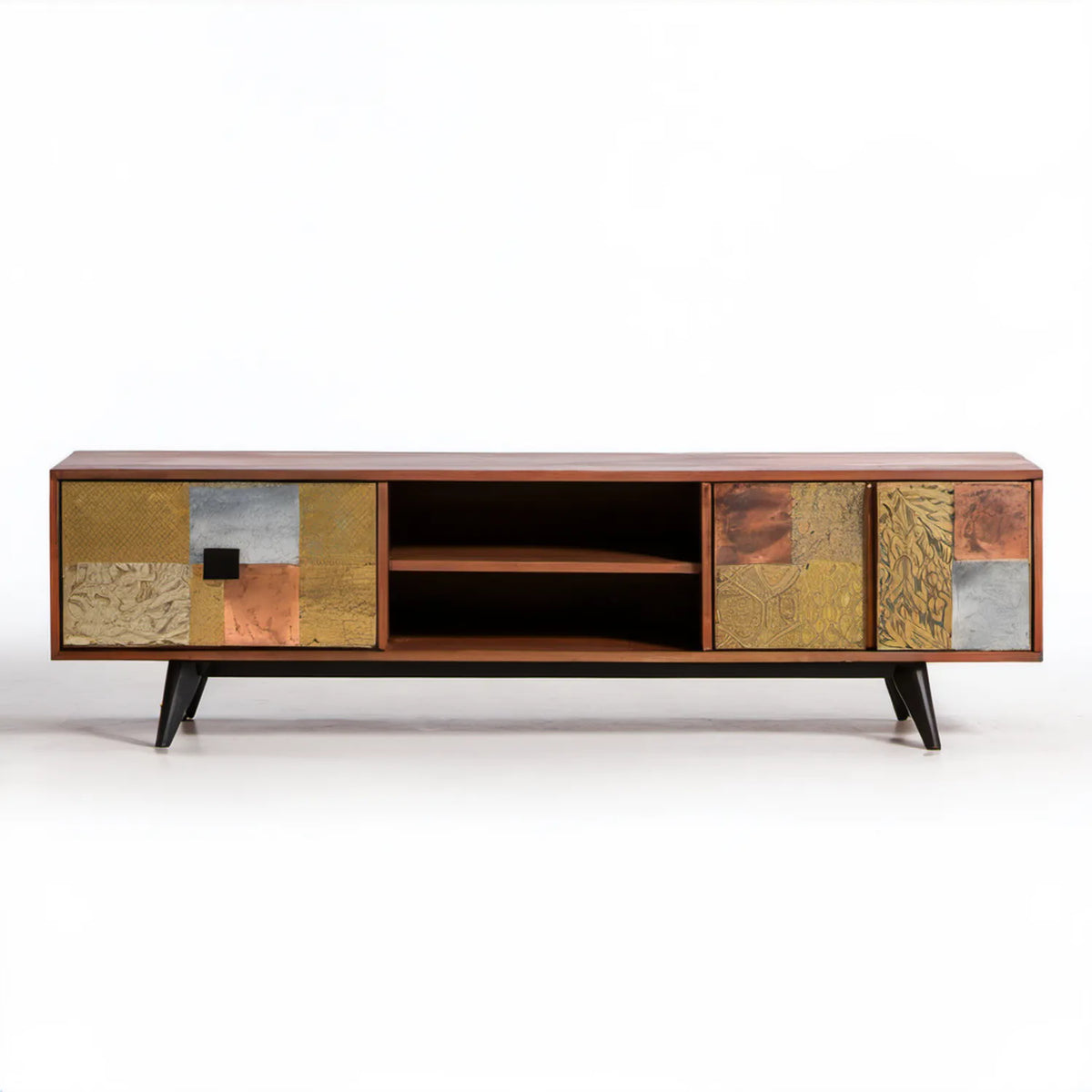 Szafka RTV retro 180 x 40 x 55 cm brązowa/czarna/złota/miedziana/srebrna z MDF i stali