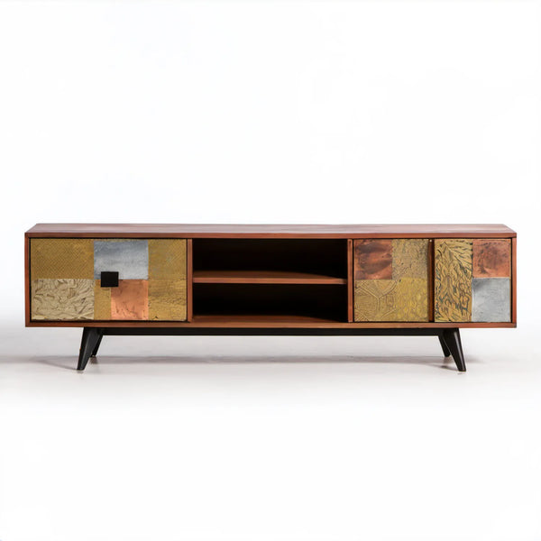 Szafka RTV retro 180 x 40 x 55 cm brązowa/czarna/złota/miedziana/srebrna z MDF i stali