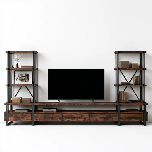 Zestaw mebli RTV z regałami 240 x 40 x 180 cm brązowo-czarny, płyta laminowana i stal