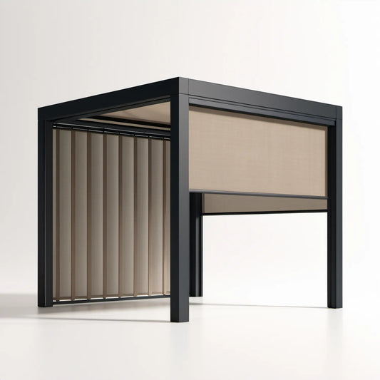 Aluminiowa pergola ogrodowa 300 x 300 x 230 cm Czarna/Beżowa z roletą przednią i osłoną boczną