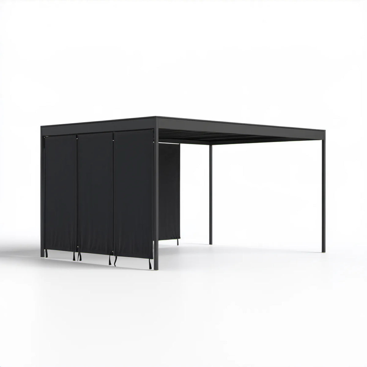 Czarna pergola ogrodowa aluminiowa z regulowanym dachem lamelowym i 3 zasłonami 400 x 300 x 230 cm