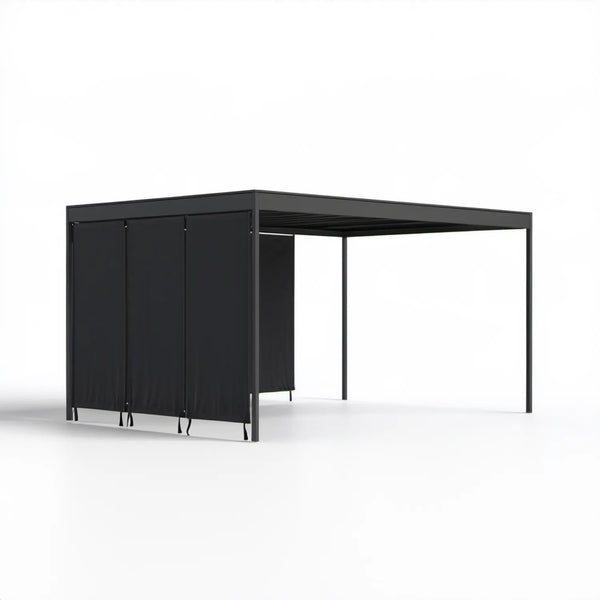 Czarna pergola ogrodowa aluminiowa z regulowanym dachem lamelowym i 3 zasłonami 400 x 300 x 230 cm