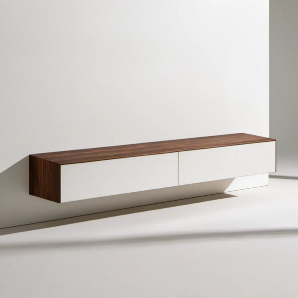Wisząca szafka RTV biało-orzechowa 180 x 40 x 45 cm z MDF i fornirem orzechowym