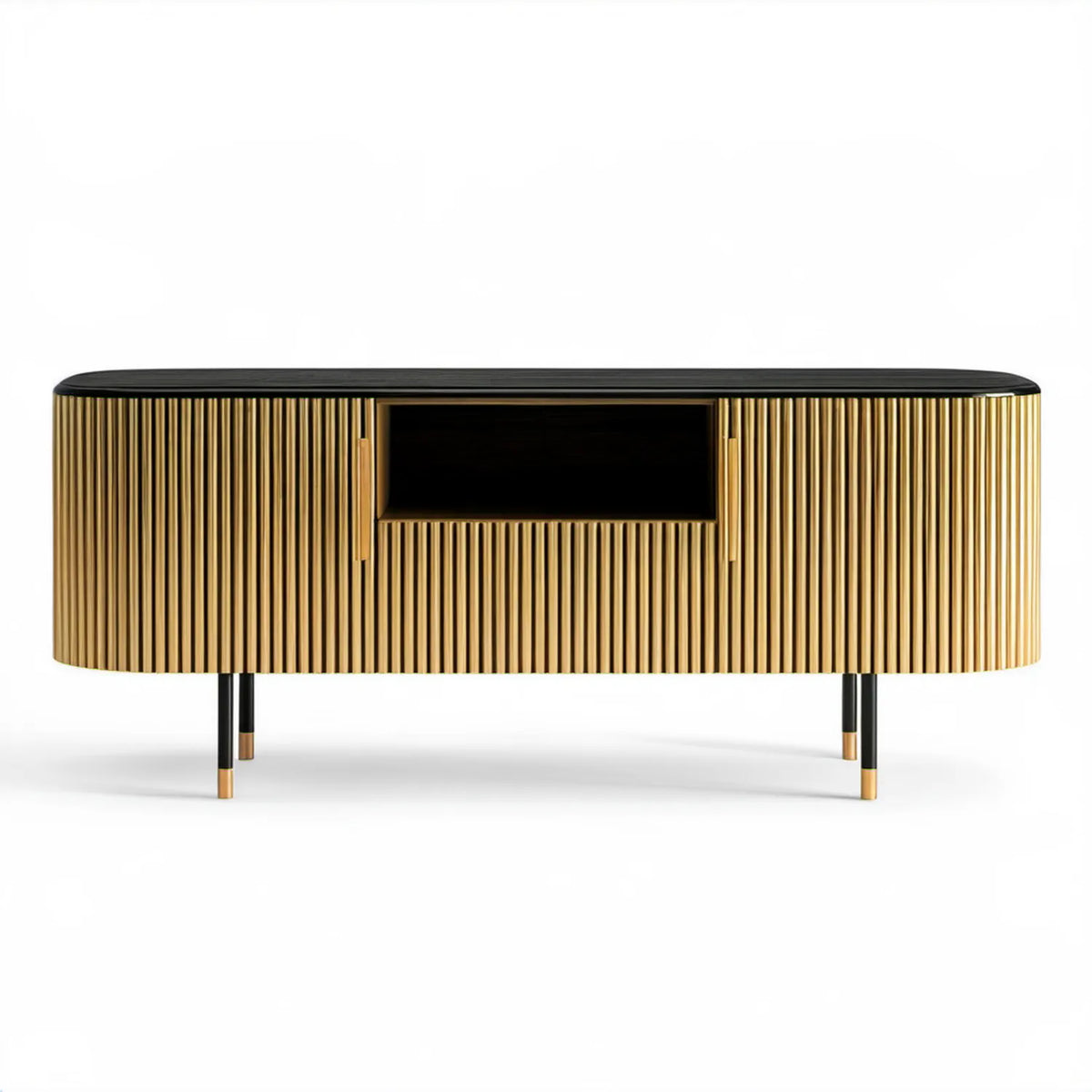 Czarno-złota owalna szafka RTV 180 x 40 x 75 cm z MDF i szkła hartowanego