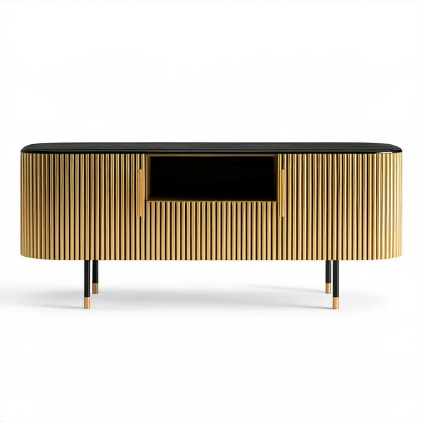 Czarno-złota owalna szafka RTV 180 x 40 x 75 cm z MDF i szkła hartowanego